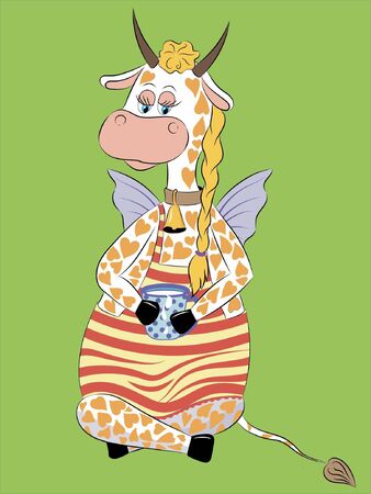 Illustration. A white cow with heart-shaped spots drinks milk from a blue mug. With wings and a braided pigtail, in a striped apron. green background.のイラスト素材