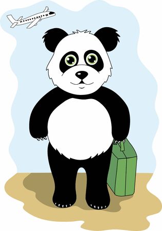 Vector illustration. A panda with a green suitcase goes on vacation. June.のイラスト素材