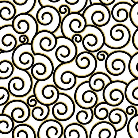 Vector illustration. Spiral pattern of contrasting color. Black and yellow spirals, white background. Seamless pattern for background and fabric.のイラスト素材