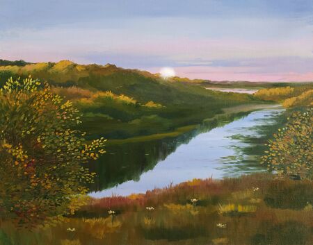 Oil painting on canvas. Evening landscape with the image of the river and trees.の写真素材