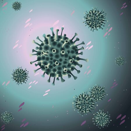 Vector graphics. Illustration.  pathogen respiratory coronavirus flu outbreak Microscopic view of floating influenza virus cells. Dangerous virus, pandemic risk.のイラスト素材