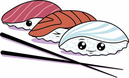 Cute characters: Sushi, Sashimi and Rolls with eyes and smile. Roll with vegetables, salmon and roe. Set of hand drawn japanese food illustrations art in cartoon, doodle styleのイラスト素材