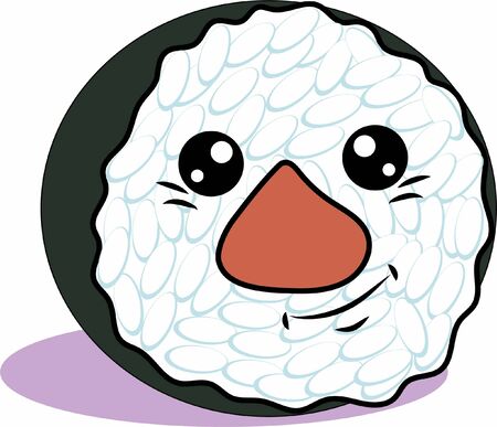 Cute characters: sushi, rolls with eyes and a smile. Drawn art illustration of japanese food in cartoon doodle style. Baby sushi menu.のイラスト素材