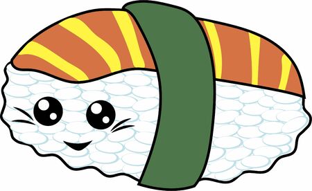 Vector illustration of sushi, rice, fish, herbs. With eyes and a smile. Japanese food art in cartoon doodle style. Baby sushi menu.のイラスト素材
