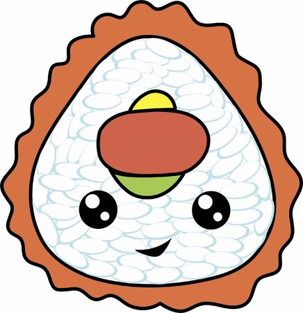 Cute characters: sushi, rolls, rice with eyes and a smile. Kawaii Drawn art illustration of japanese food in cartoon doodle style.のイラスト素材