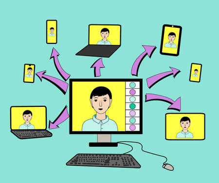 Work and study at home, remotely via the Internet via video. Ability to communicate via mobile devices, computers, tablets, phones. Ability to stay in touch during quarantine. Vector illustration.のイラスト素材