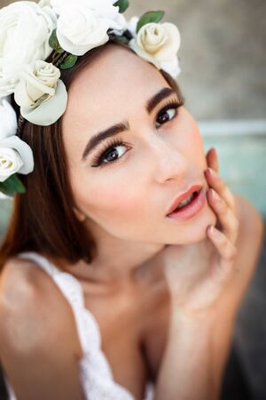 Sensual sexy woman face wearing floral wreathの写真素材