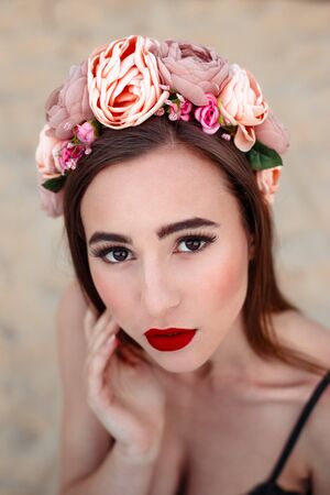 Sensual sexy woman face wearing floral wreathの写真素材