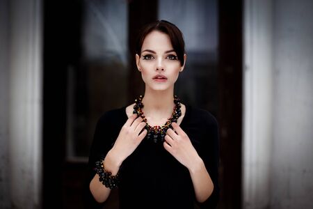 Sensual pretty brunette female fashion model faceの写真素材