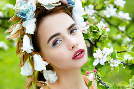 Sensual sexy woman face wearing floral wreathの写真素材