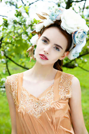 Sensual sexy woman face wearing floral wreathの写真素材