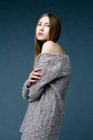 fashion photo of young magnificent woman. girl posing. studio photoの写真素材