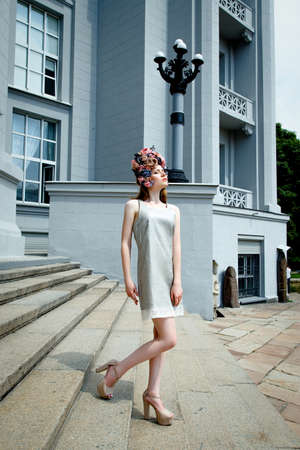 Sensual sexy woman face wearing floral wreathの写真素材