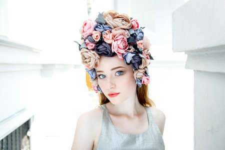Sensual sexy woman face wearing floral wreathの写真素材
