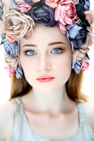 Sensual sexy woman face wearing floral wreathの写真素材
