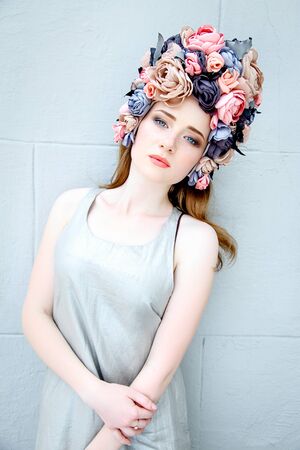 Sensual sexy woman face wearing floral wreathの写真素材