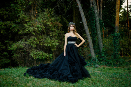 Beautiful woman in gorgeous black dress outdoors. Full length Portrait.の写真素材