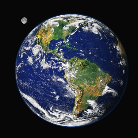 Earth and moon (in the background) from outer space