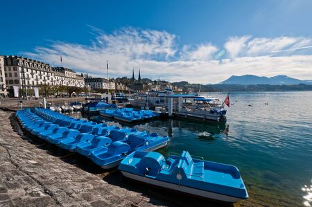 lake Lucerne with port and boat, Lucerne, Switzerlandの写真素材
