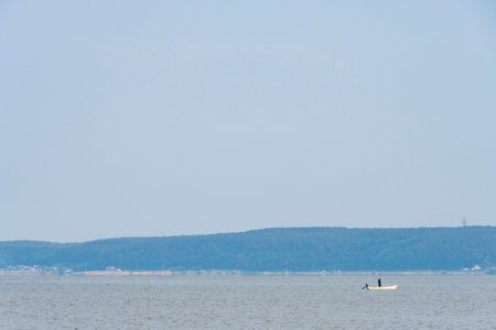 Scenery of Lake Jusan with freshwater clam fishing boats, Aomori, Japanの写真素材