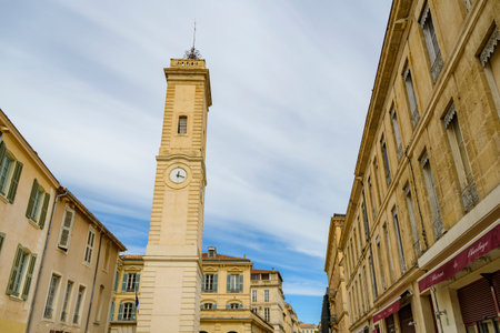 Clock tower at Place d'Horloge, Nimes, Franceの写真素材