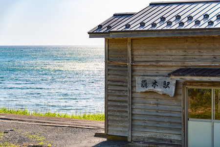 A Station with a View of the Sea, Gono-Line, Todoroki-Eki Station. Japan, Aomori, Fukauraの写真素材