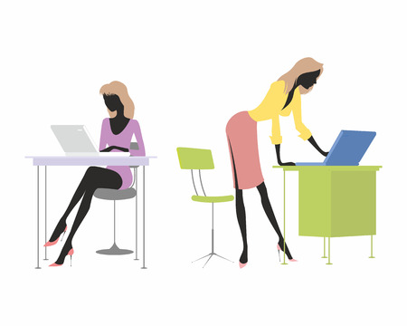 Pair silhouettes of a girls with laptopsのイラスト素材