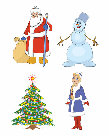 Vector illustration of a grandfather Frost, Christmas tree, Snow maiden, snowmanのイラスト素材