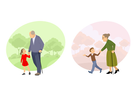 Vector illustration of a grandparent walking with offspringのイラスト素材