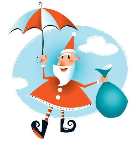 Just in time for Christmas - Santa has arrived floating down on his umbrella のイラスト素材