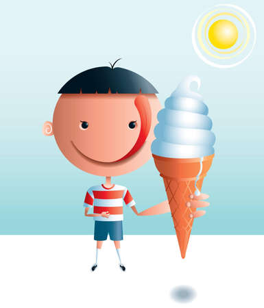 A boy with a big head and a big tongue is looking forward to eating an ice cream cone on a hot day のイラスト素材