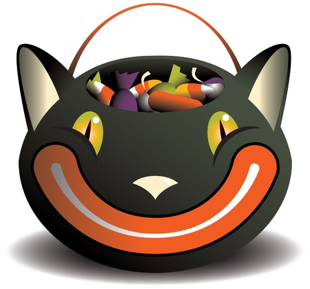 An isolated vintage style grinning black cat candy basket full of candy のイラスト素材