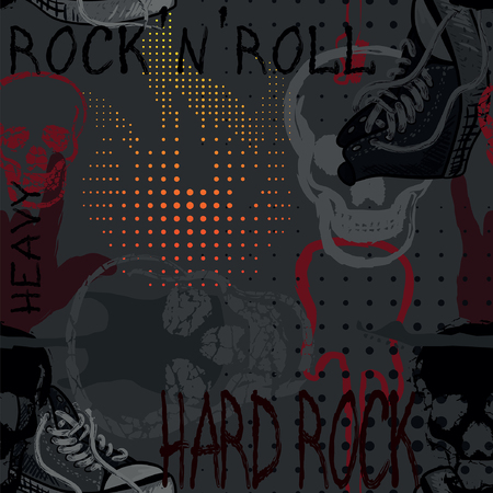 Rock music seamless pattern with skull, sneakers, electric guitar and fireのイラスト素材