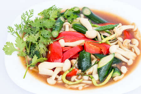 Vegetarian food, Fried vegetable, mushrooms with soy sauceの写真素材