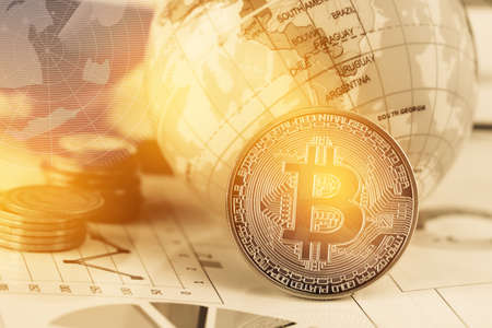 Bitcoin digital currency, modern of Exchange Digital money near Global model South America map with Radar background. Concept of Blockchain System Crisis, Business Finance and Investment Risk Ideas.の写真素材