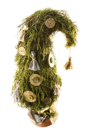 handmade design green New Year tree isolated on white backgroundの写真素材