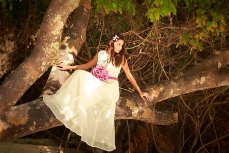 brunette bride in long white wedding dress and bridal bouquet sitting on the big tree on island beach in Thailandの写真素材
