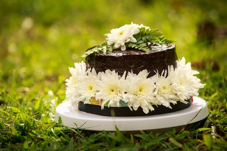 chocolate delicious cake decorated with white flowers and green leafs stand on grassの写真素材