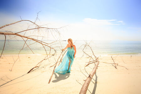 beautiful blonde woman in elegant dress pose near old trees near the blue oceanの写真素材