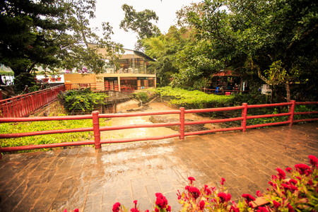 DALAT/VIETNAM - SEPTEMBER 28 2015: Corner of tropical park with pond stone railing bridge pavilions flowers after heavy shower in Vietnam on September 28 in Dalatのeditorial素材