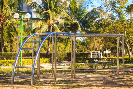 open-air sports ground among palms in tropical park of vietnamese resort cityの写真素材