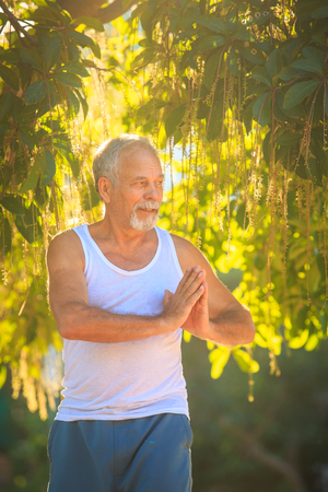 gray bearded old man in white vest shows yoga pose against a tropical plant at backlightの写真素材