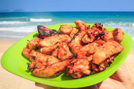 closeup cooked chicken wings on green plate in hands of person against azure sea surf on beachの写真素材