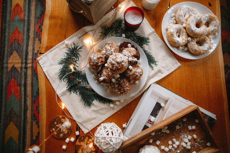 Christmas New Year decorated cupcakes on a tableの写真素材