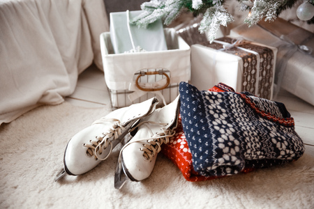 Beautiful womens skates for figure skating white.の写真素材
