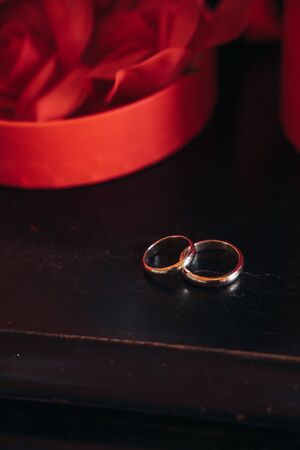 wedding rings lie on a toy carousel with little horsesの写真素材