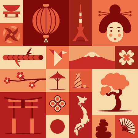 Japan, vector flat illustration, icon set, landmark background. Bonsai, flower, stone, fun, woman face, lantern, food, flag, sakura, weapon, gate, sushi, bamboo tree, origamiのイラスト素材