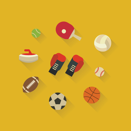 Vector illustration icon set of sport equipment: tennis, kerning, boxing, rugby, football basketball and baseballのイラスト素材