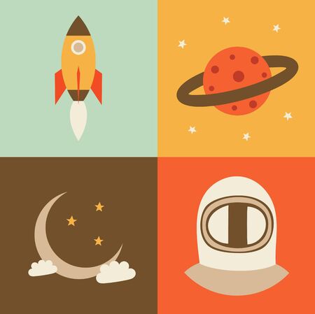 Vector flat illustration, icon set of space: rocket, planet, crescent moon astronautのイラスト素材