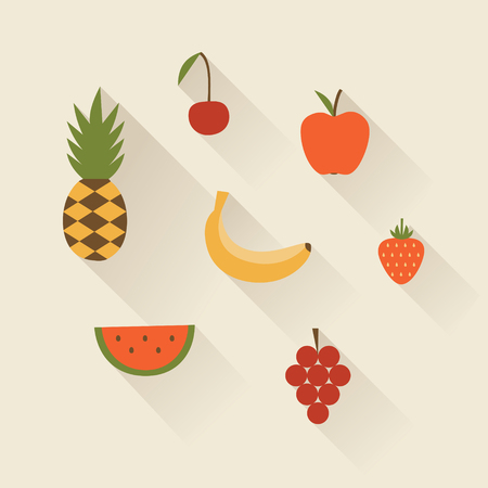 Vector illustration icon set of fruit: pineapple, cherry, apple, banana, strawberry watermelon grapeのイラスト素材
